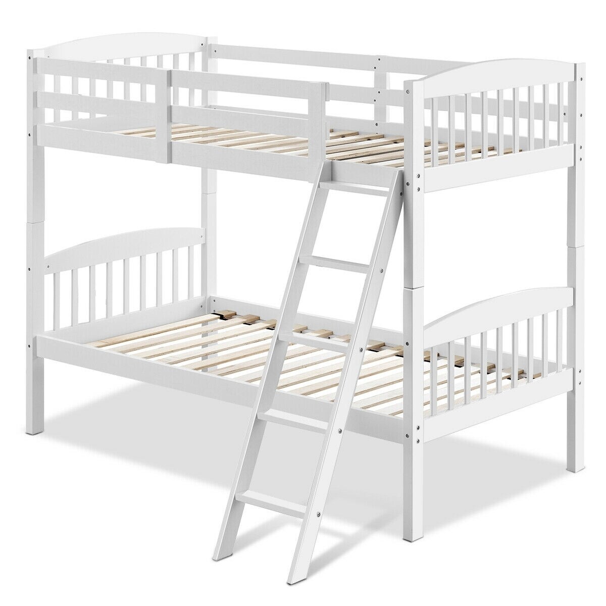 Wood Bunk Bed Twin with Inclined Ladder, Convertible, Safe and Space-Saving