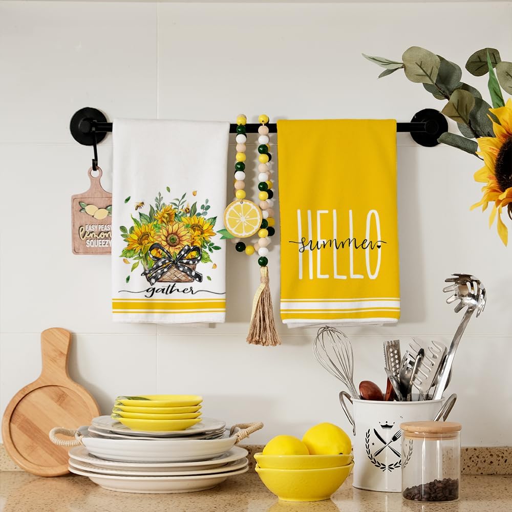 Sunflower Hello Summer Kitchen Towels Dish Towels Set of 2,Yellow Basket Floral Hand Towels 18x26 Inch Drying Dishcloth,Farmhouse Home Seasonal Holiday Summer Decorations AD318