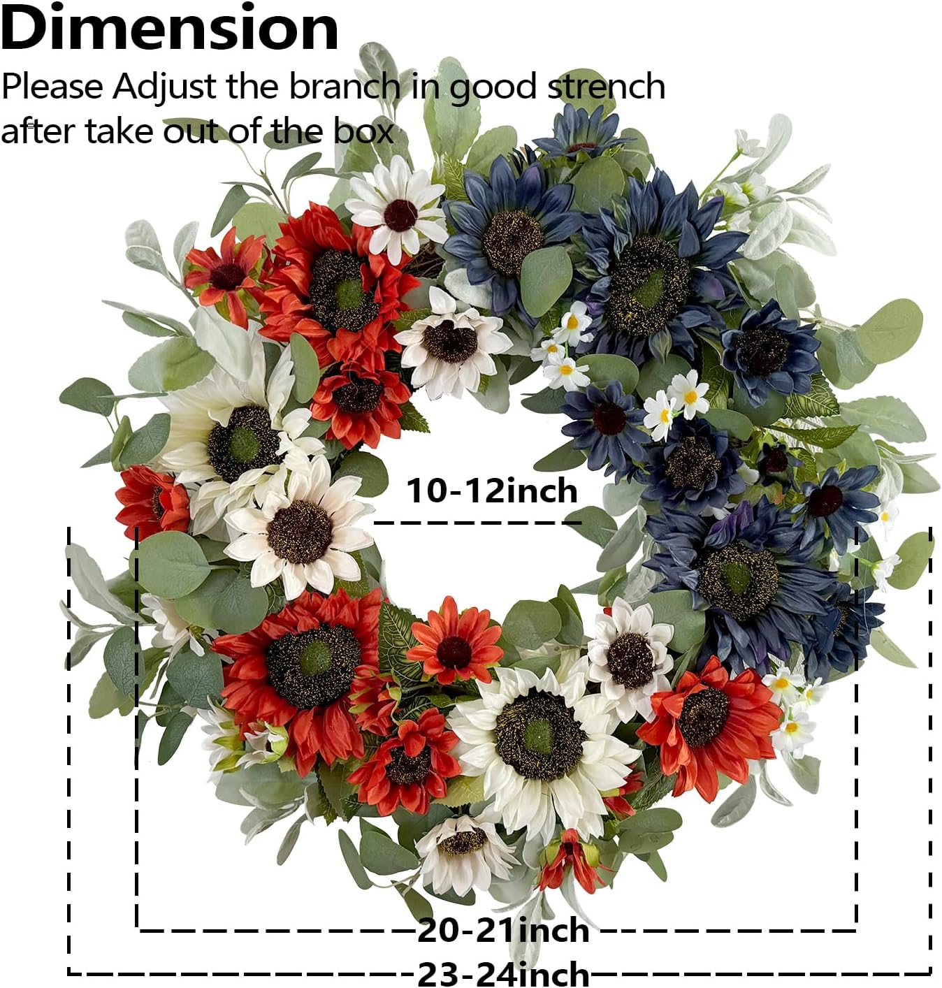 Patriotic Wreath Decorations, 24 Inch Sunflower Wall Decor 4th of July Wreaths for Front Door, Red White Blue Spring Summer