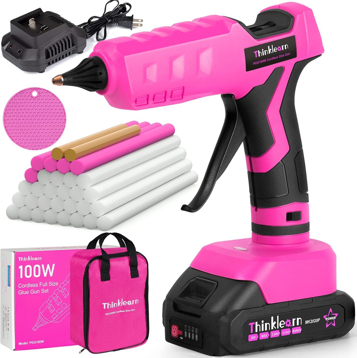 Hot Glue Gun, 20V Pink Cordless Glue Gun with 30 PCS Full Size Glue Sticks, 2Ah Rechargeable Battery Glue Gun Kit for DIY, Arts &#x26; Craft, Decorations, Gift for Women