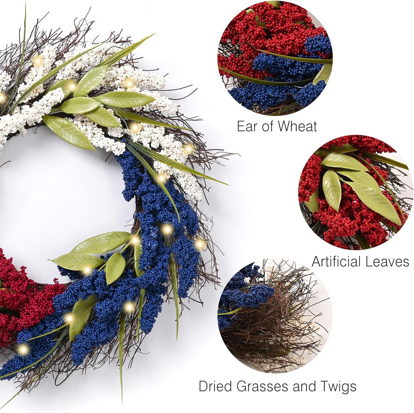 Patriotic Memorial Day Wreath for Front Door Wall Decor 20 Inch 4th of July Wreaths with Lights, Collasible Red White Blue