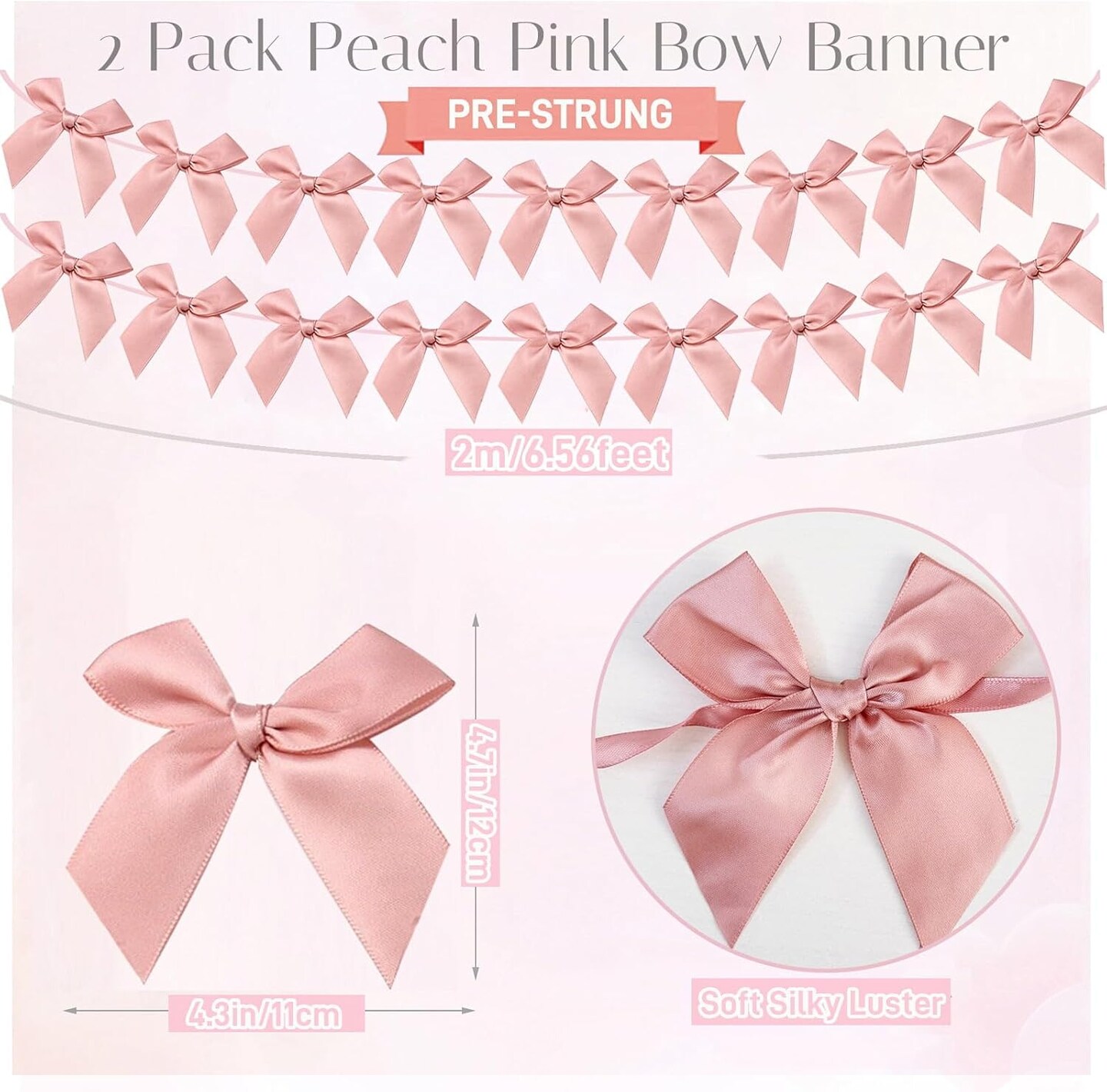 2-Pack Bow Garland Banner – Peach Pink Ribbon Bow Decorations for Baby Shower, Girls’ Birthday, and Coquette-Themed Parties