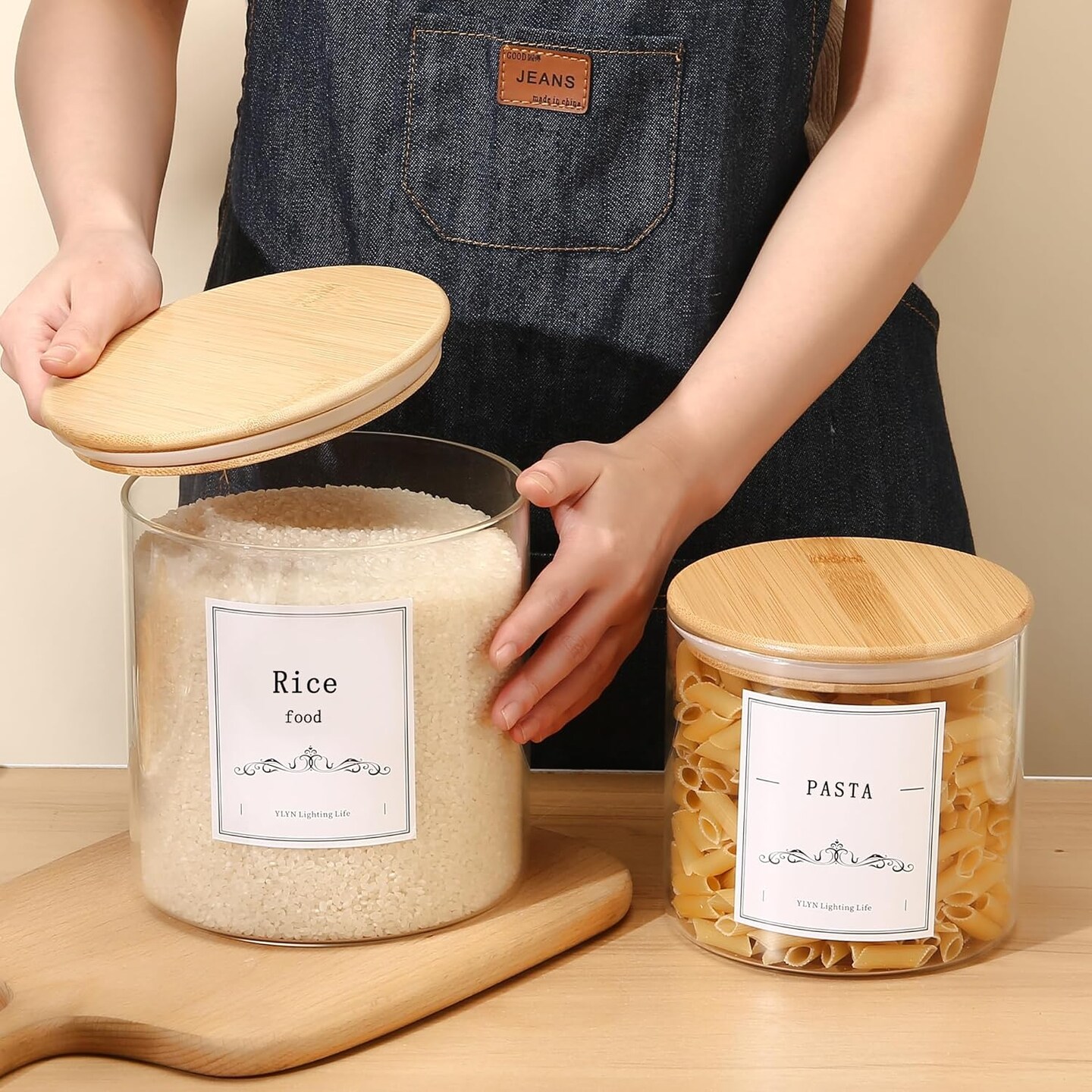 Brown Sugar Container- Cookie Jar (64oz/102oz) Set of 2-Large Glass Jar With Lid- Glass Jars Kitchen Canisters With Airtight Bamboo Lids- Food Storage Containers For Flour Sugar Cereal, Egg