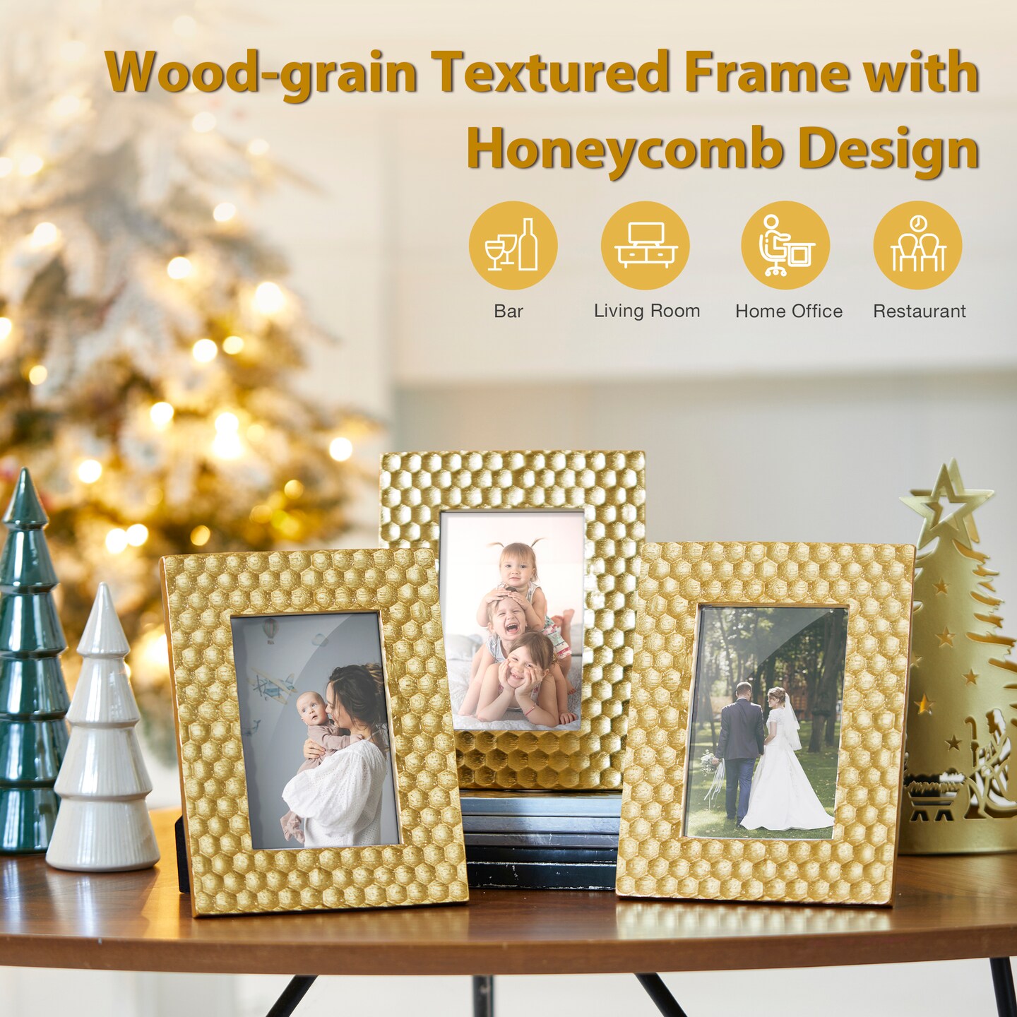 Set of 6 Gold Honeycomb Resin Wall or Tabletop Picture Frames-4X6