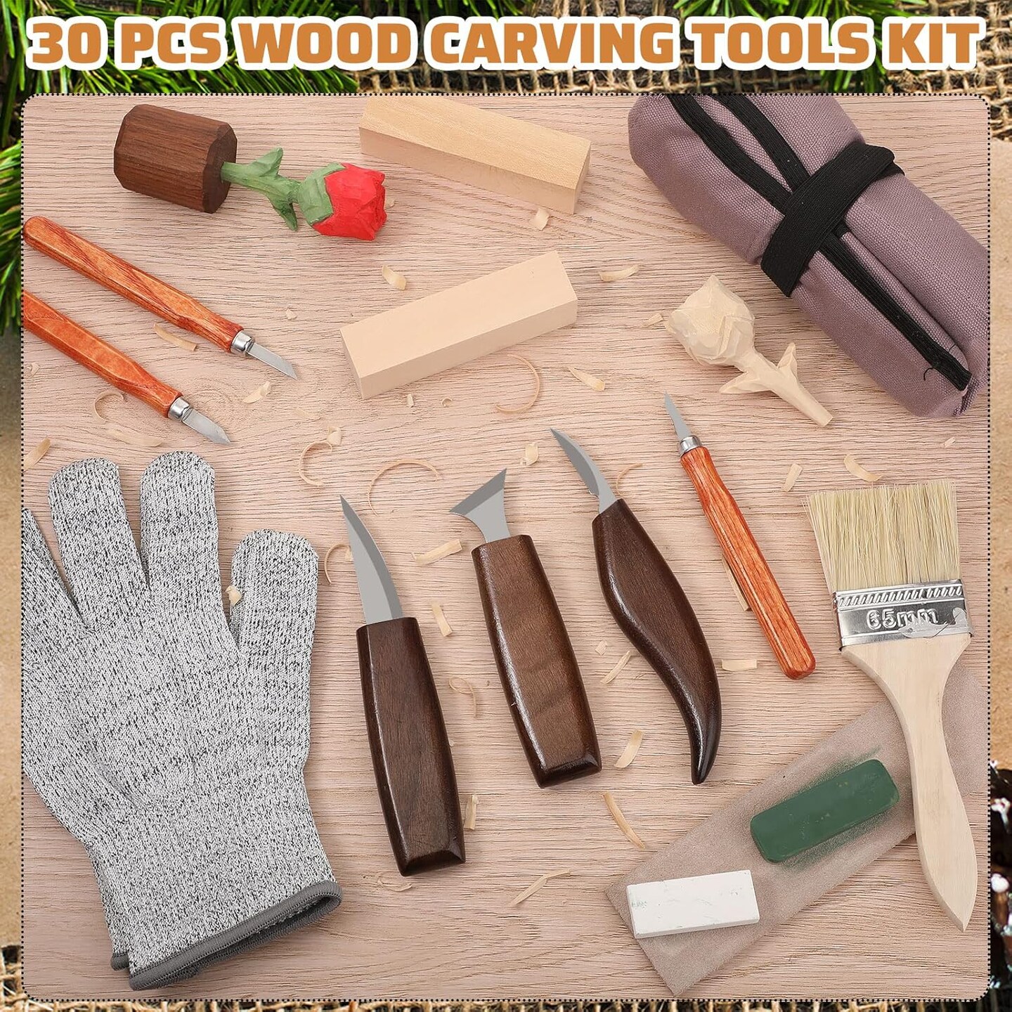 30 Pcs Wood Carving Tools Whittling Kit Include Hand Carving Knife Set Wood Blocks Cut Resistant Gloves Sawdust Brush Sharpening Stone Polishing Wax Sharpening Leather Storage Bag for Beginners