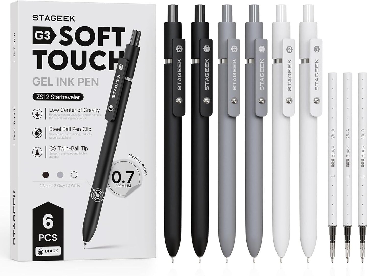 6-Piece Black Gel Pens, Fine Point, Quick-Dry Ink with 3 Refills