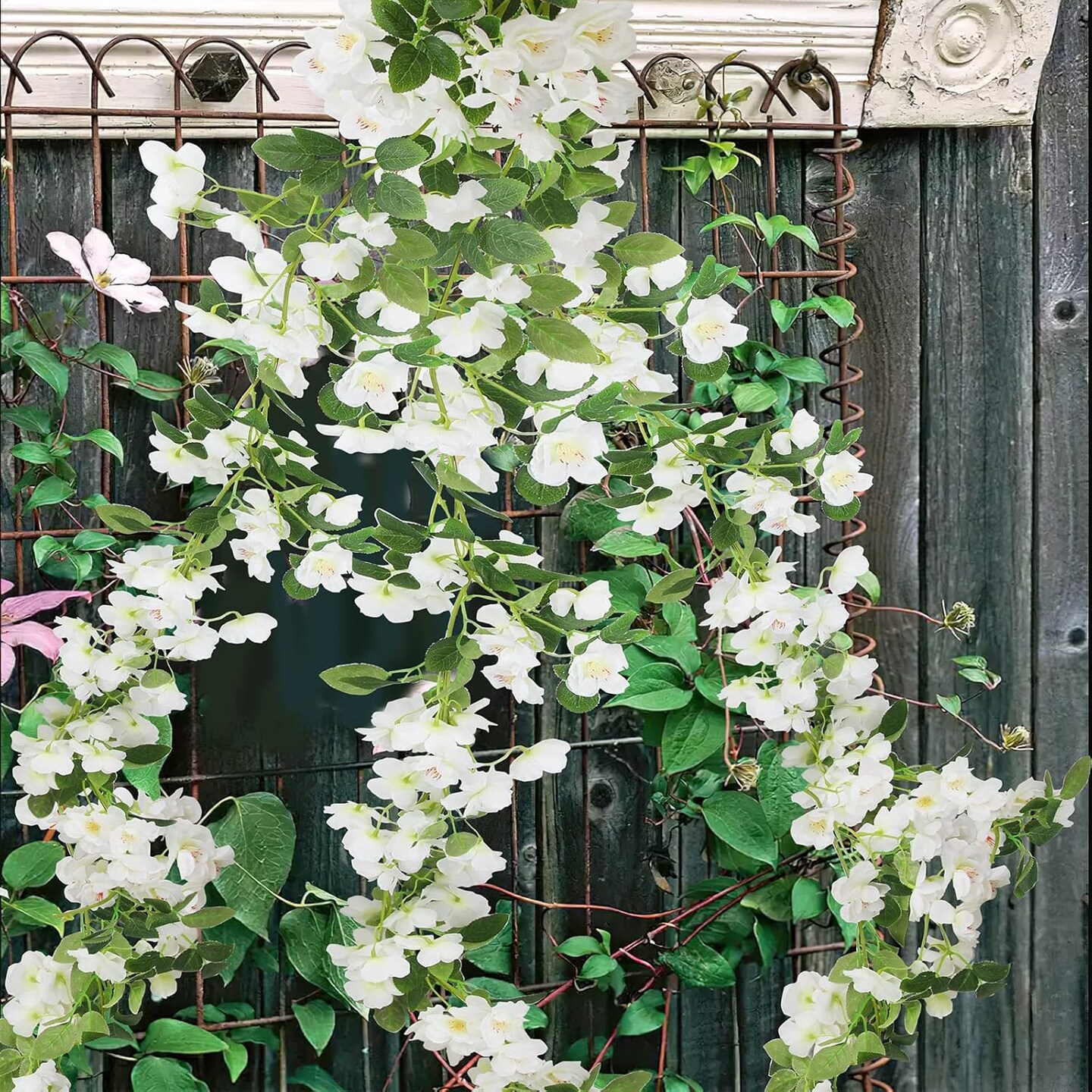 Artificial Cherry Blossom Flower Vine Hanging White Cherry Blossom Flower Silk Garland Hanging Vines Faux Flowers for Outdoors Spring Wedding Party Home Table Centerpiece Arrangement Decor
