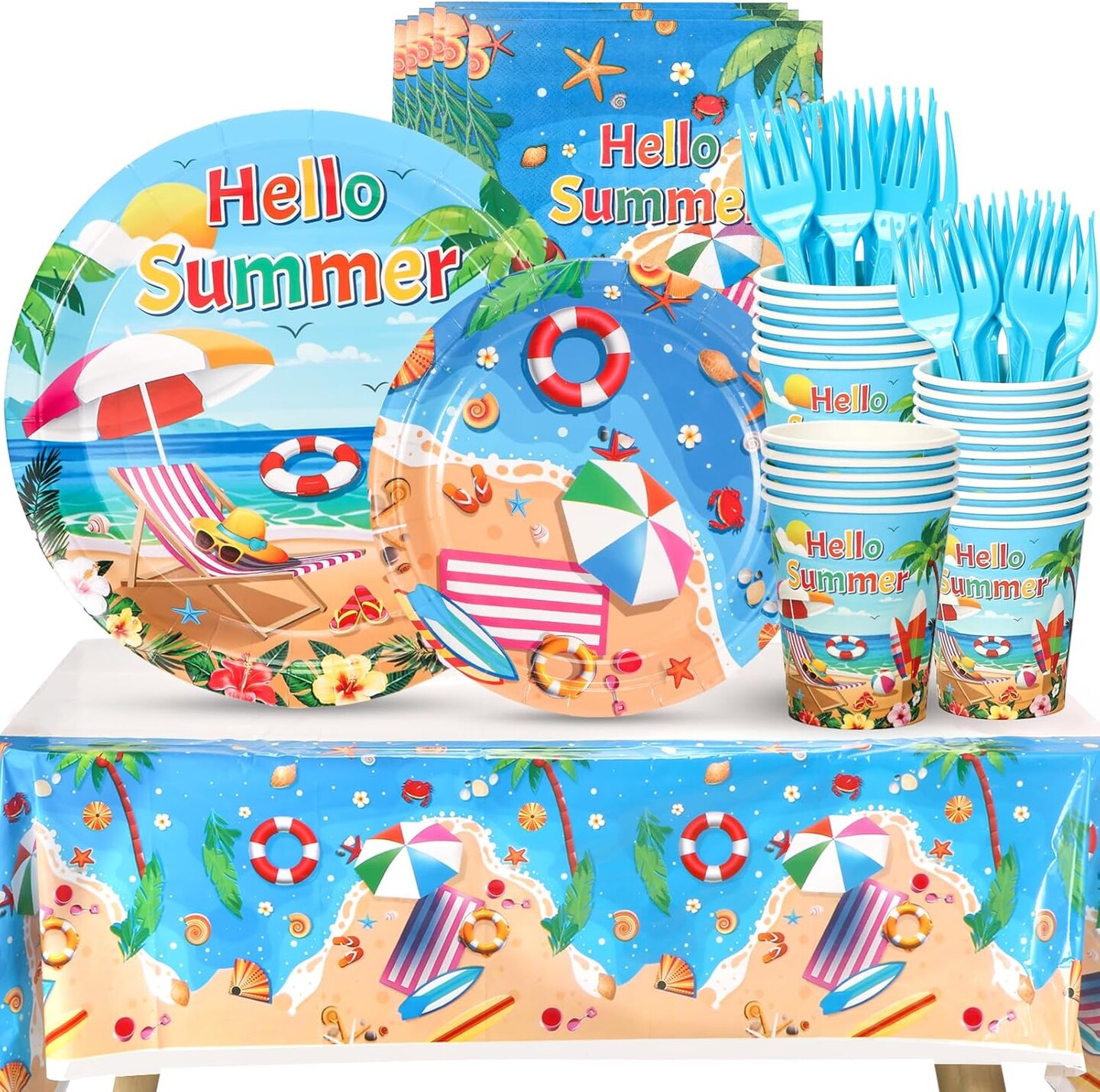 Beach Paper Plates, Beach Plates and Napkins Party Supplies, Disposable Plates, Cups, Napkins, Cutlery and Tablecloth for Summer Tableware