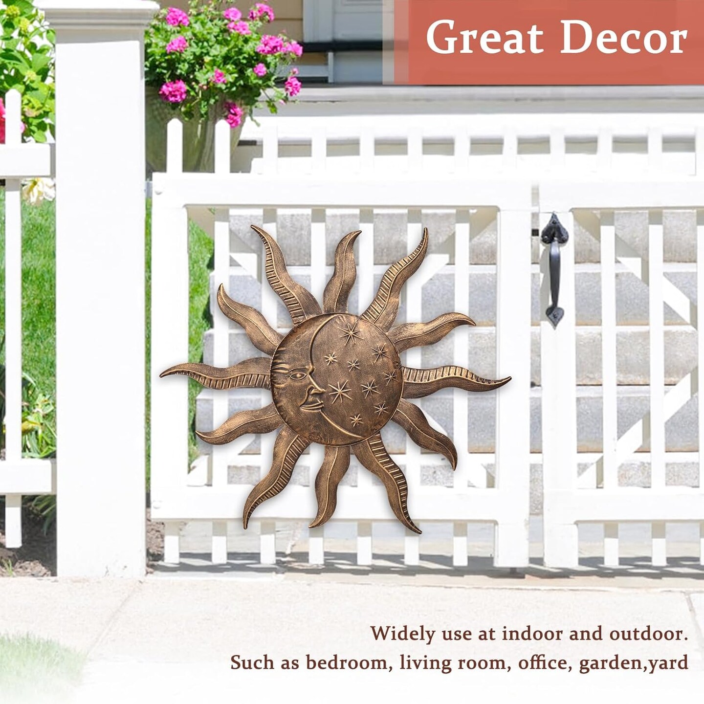 Summer Sun Metal Wall Outdoor Decor Moon Wall Decoration Metal Wall Sculpture Hanging Garden Wall Sculpture for Indoor Outdoor Patio Fence Decor Gold