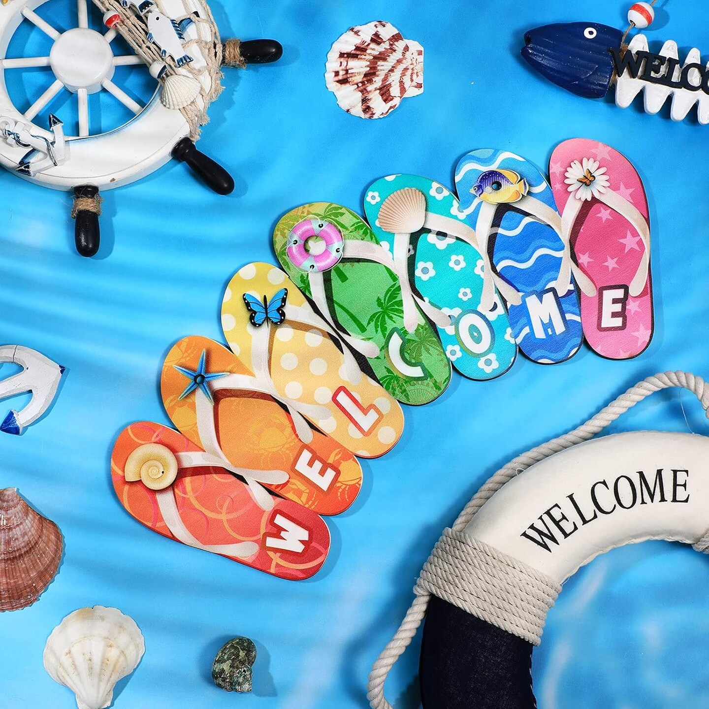 Summer Slippers Hanging Sign Shape Welcome Hello Flip Flop Wooden Door Plaque Rustic Wall Sign Yard Indoor Outdoor Garden Decoration with Rope