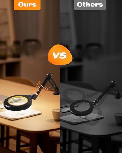 Magnifying Glass with Light, 10X &#x26; 5X Real Glass &#x26; Anti-Glare Lens, 5 Color Mode Stepless Dimmable LED Desk Magnifying Lamp, Hands-Free Desk Lamp with Clamp for Crafts Reading Repair Hobby (Yellow)