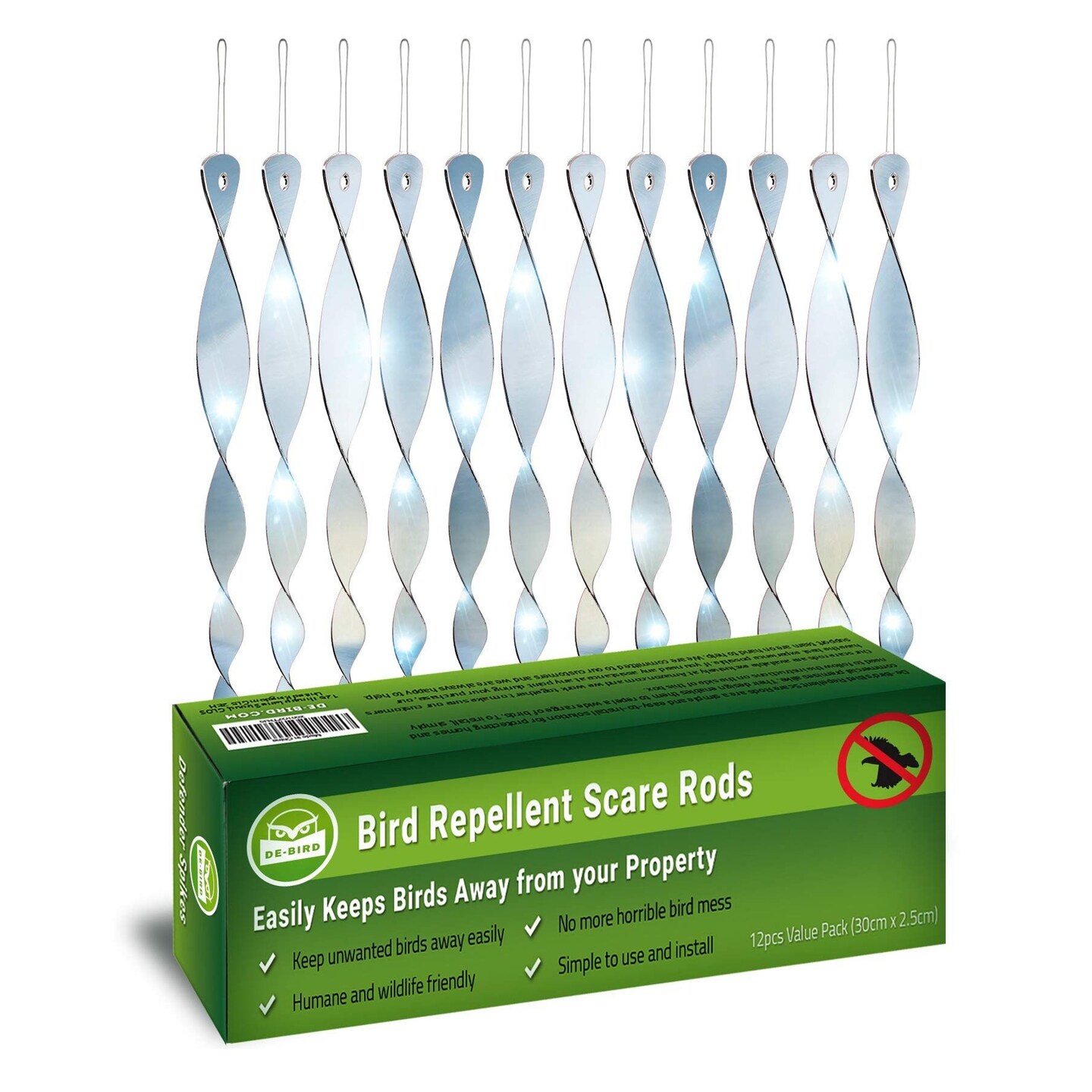 De-Bird Bird Scare Rods, Bird Deterrents for Outside to Scare Birds Away, Easy-Install Bird Deterrent, Woodpecker Deterrent for House and Yard, 12-Pk