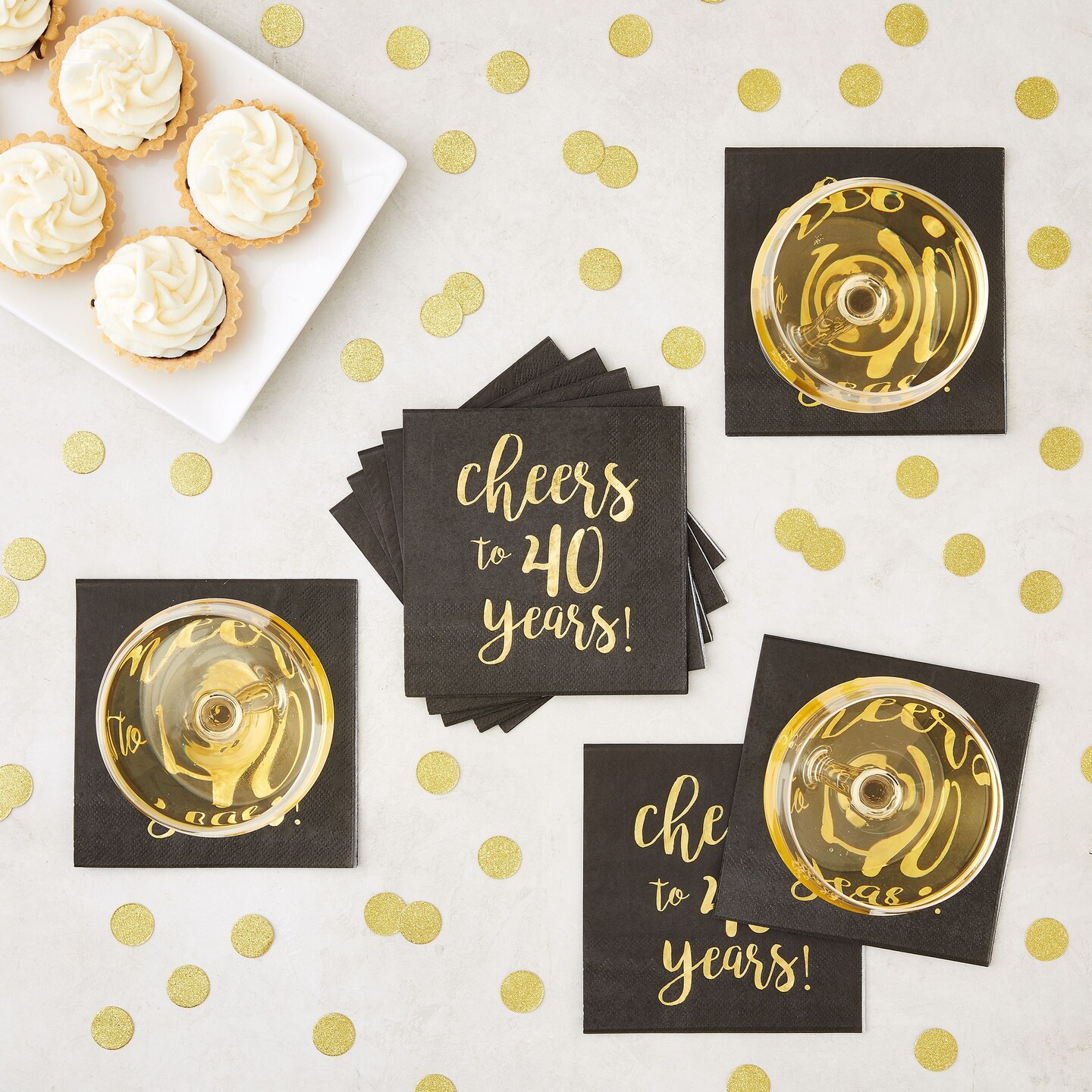 50 Pack Cheers to 40 Years Cocktail Napkins for 40th Birthday, Anniversary Party Supplies, 3-Ply, Black and Gold Foil (5 x 5 In)