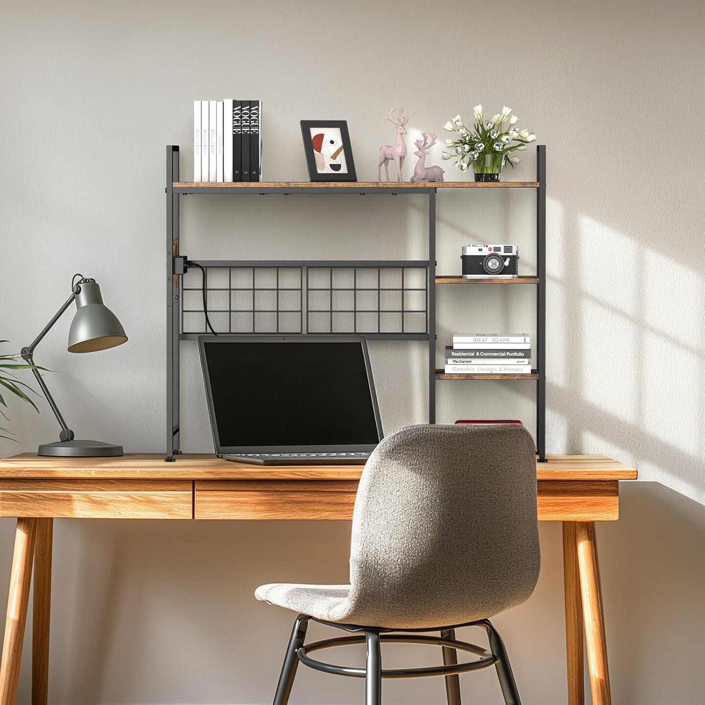 3-Tier Desktop Bookshelf with Power Outlets & USB Ports – Rustic Brown Desk Hutch Organizer, 37.4"L x 32"H, 50lb/Shelf, Metal Mesh & Charging Station for Home Office/Dorm
