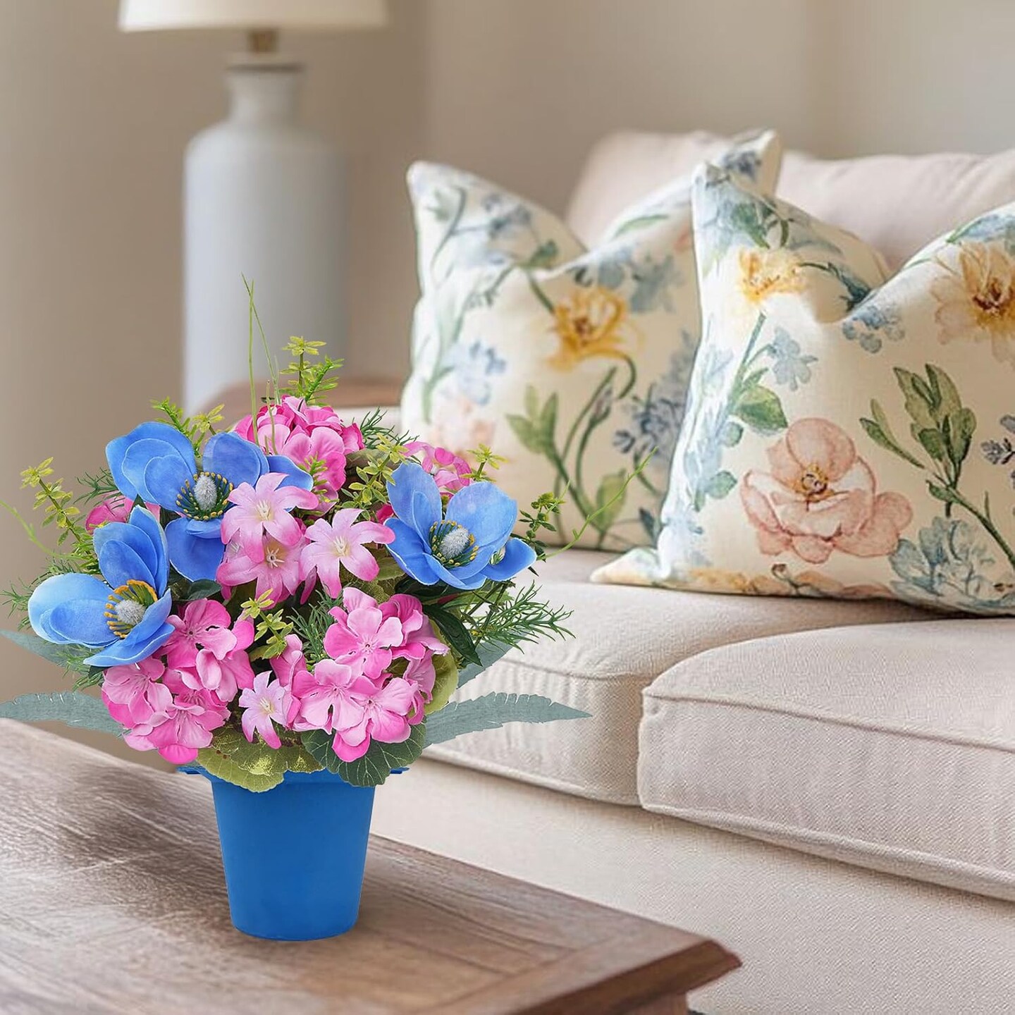 2 Pcs Fake Potted Flowers Spring Centerpieces for Tables 13.78&#x22; Easter Centerpiece Silk Flower with Iron Pots Small Plants Orchid Hydrangea for Indoor Table Top Dining Table Office Decor Pink Blue