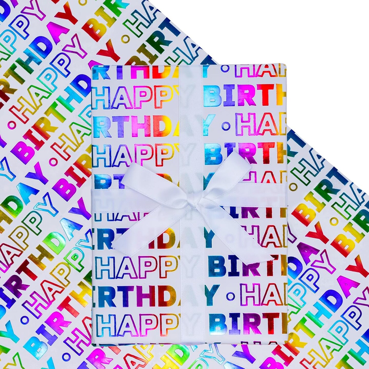 Birthday Wrapping Paper Mini Roll – 17” x 16.4 ft – Colorful Holographic “Happy Birthday” Foil Gift Wrap for Baby Showers, Holidays & Parties (Birthday lettering)