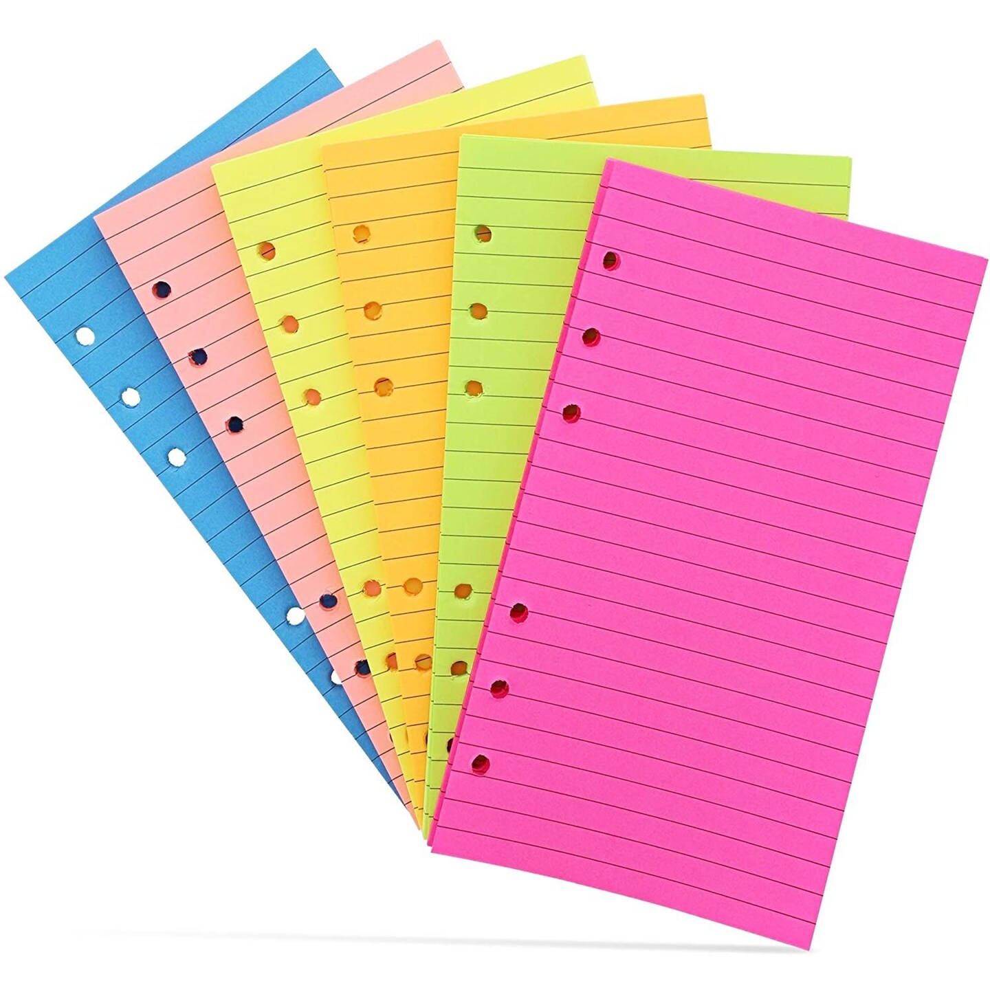 6 Pack Colored A6 Lined Binder Paper (240 Sheets/480 Pages), 6 Ring Hole Punch Blank Loose Leaf Ruled Refill Inserts for Planner, Journal, Notebooks, Budget Organizer - Neon Colors