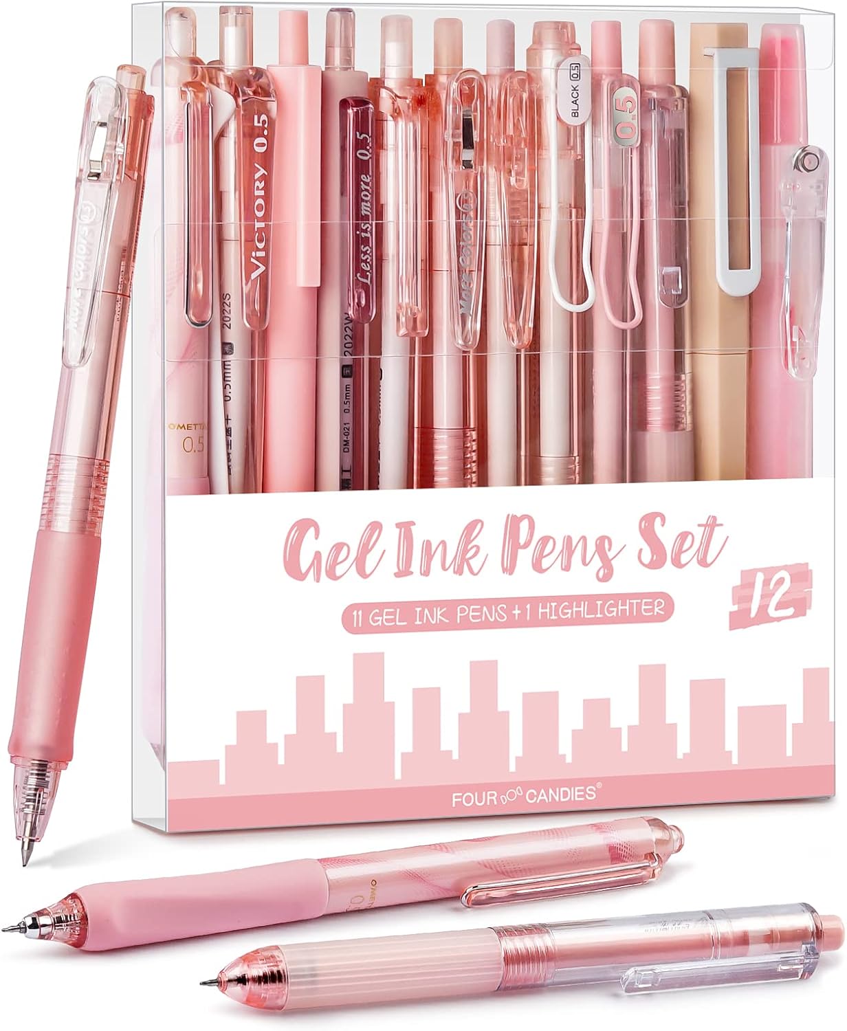12Pack Pastel Gel Ink Pen Set, Cute Note Taking 0.5mm Fine Point Retractable 11 Pack Black Ink Pens with 1Pack Highlighter for Writing, School, Office (Pink)