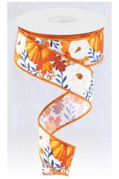 1.5&#x22; Pumpkin Foliage Ribbon: White/Navy (10 Yards)