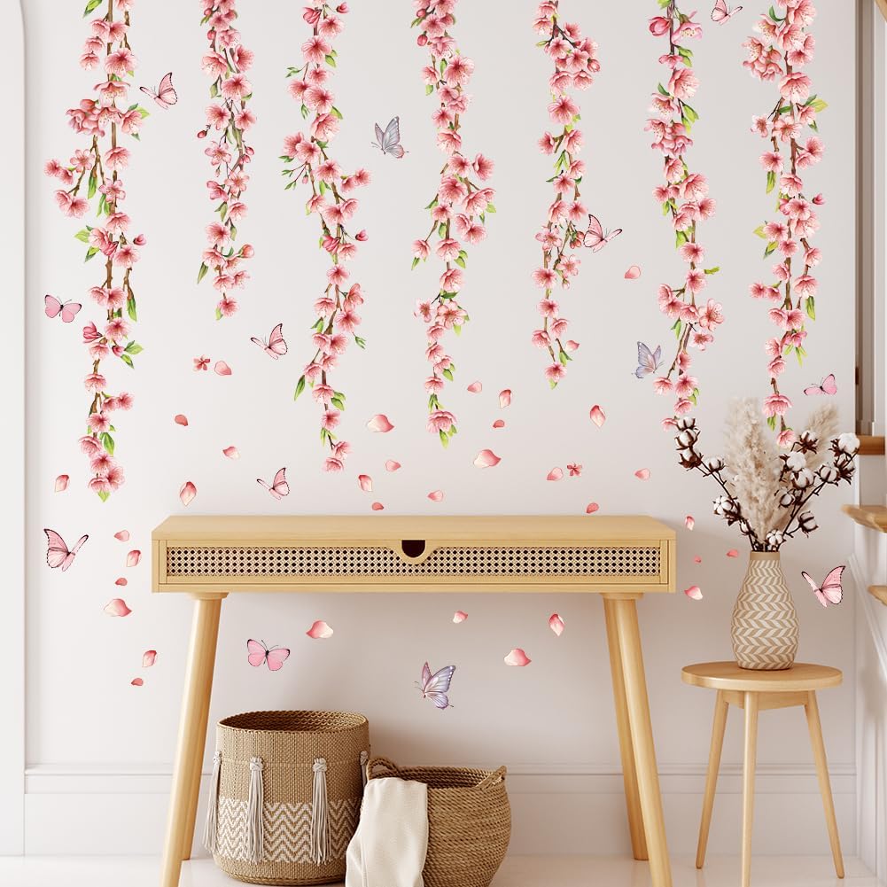 Pink Hanging Flower Vines Wall Decals Floral Leaves Butterfly Wall Stickers Spring Cherry Blossom Wall Stickers for Home Kids Girls Nursery Bedroom