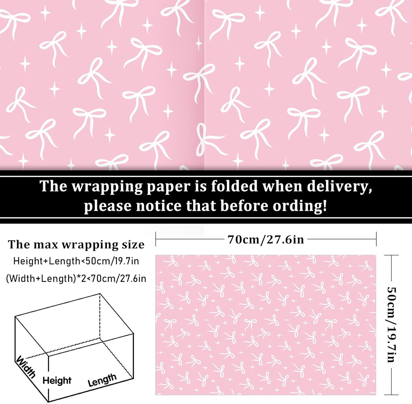 Pink Bow Wrapping Paper Sheets – 8 Pack, 19.7" x 27.6" | Coquette Bow Design for Valentine’s, Birthday, Baby Shower & DIY Crafts (Pink, White)