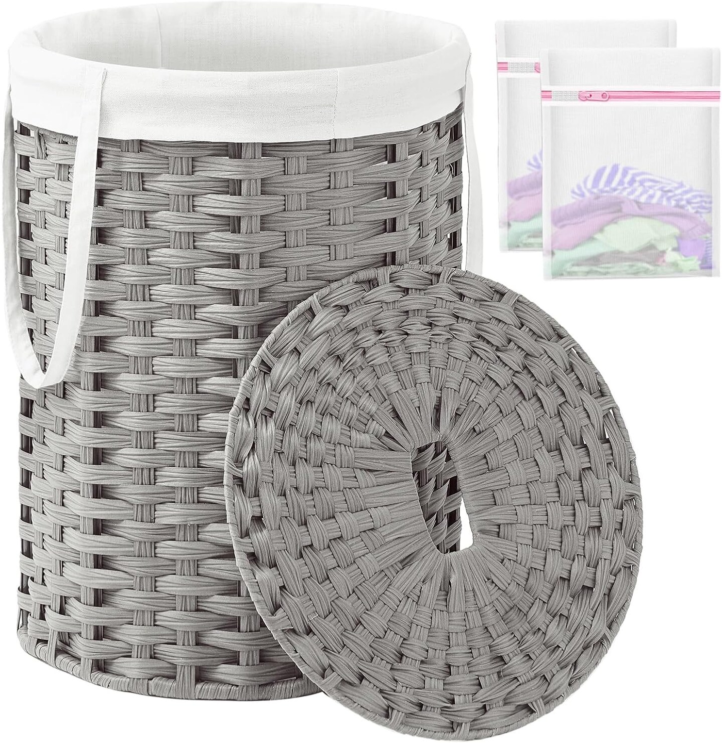 Laundry Hamper with Lid Laundry Basket with Lid 19.0 Gal (72 L) Round Wicker Laundry Basket Handwoven Rattan Basket with Lid Removable Bag 2 Mesh Bags Handles for Living Room Bathroom Gray