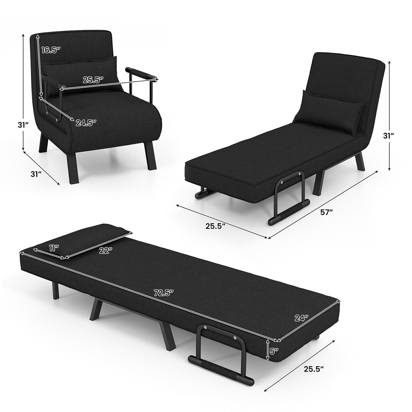3-in-1 Versatile 6-Positon Adjustable Sleeper Bed with Padded Seat and Back
