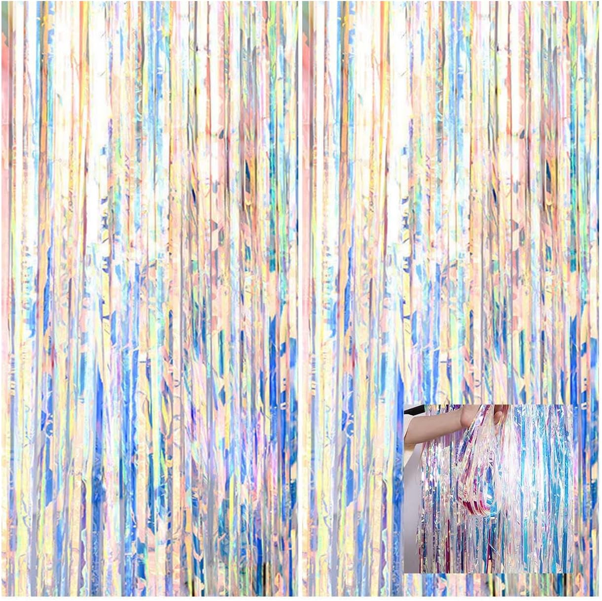 2 Pack Neon Clear Foil Tinsel Curtain(3.2ftx 8.2ft),Iridescent Glitter Metallic Fringe Curtain for Rainbow Party Decorations Backdrop