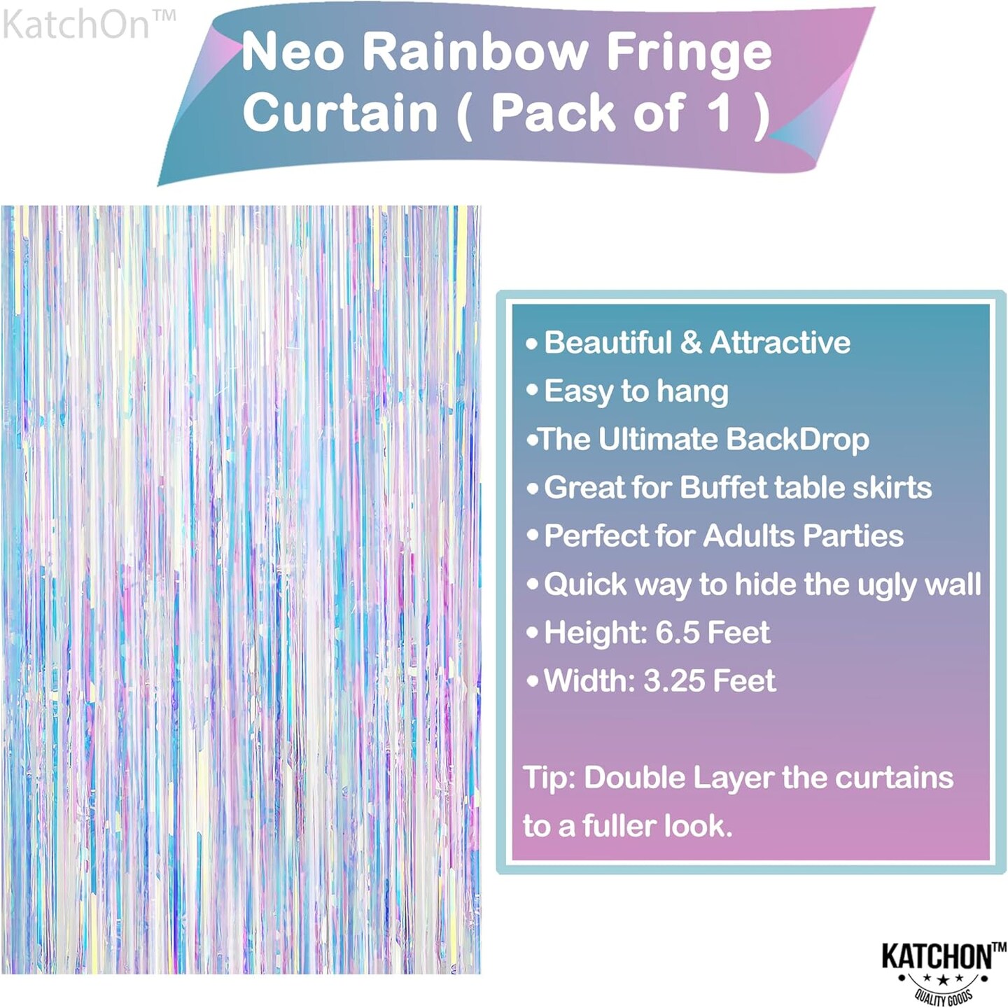 Neon Iridescent Streamers - 2 Large, 3.2x6.5 Feet, Iridescent Party Decorations | Iridescent Fringe Decorations for Home