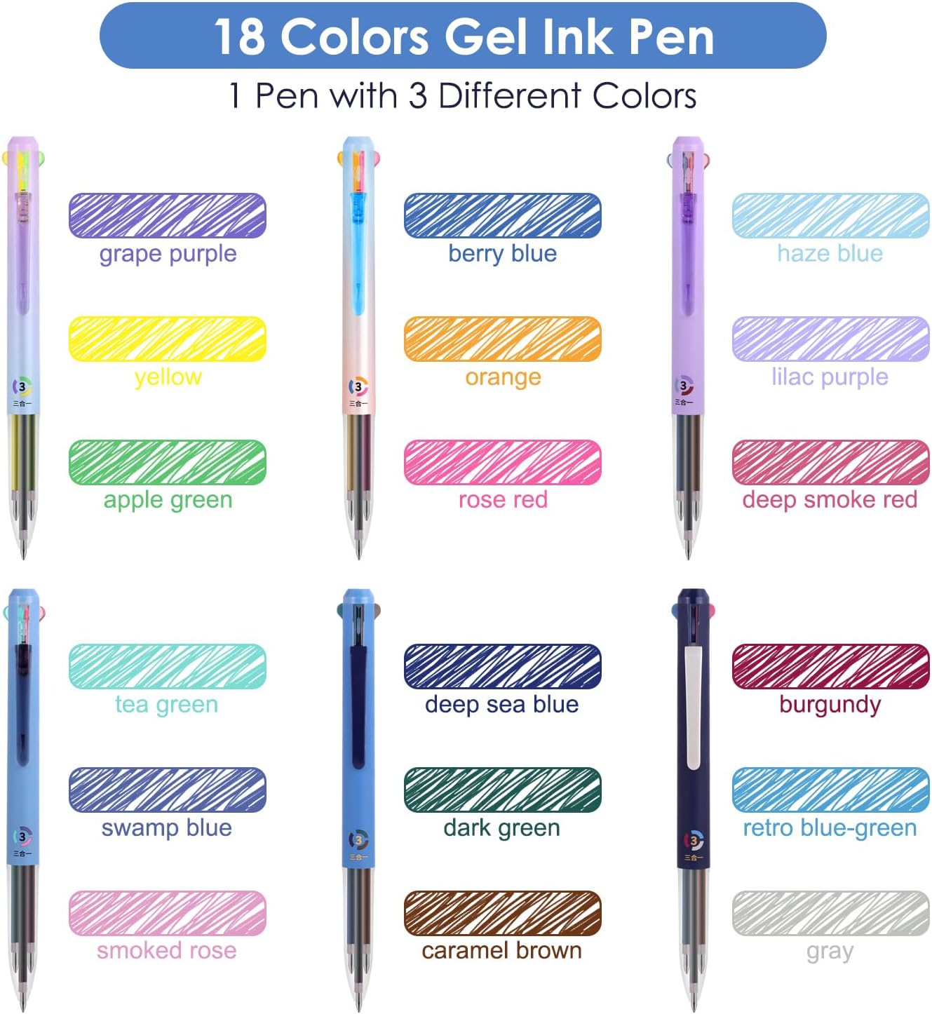 6Pack Multicolor Pens,0.5mm 3-in-1 Multicolor Gel Ink Pen,18 Colors Retractable Gel Ink Pens for Office, School Supplies