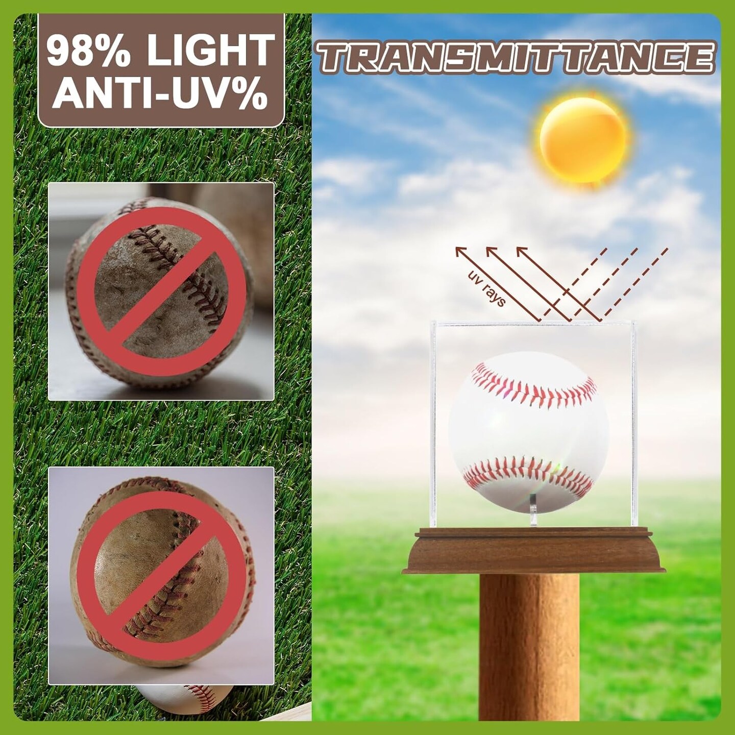 Baseball Display Case Acrylic Clear Cube Baseball Holder with Wooden Stand Memorabilia Showcase Autograph Ball Display Box UV Protected Wood Base Case for Balls