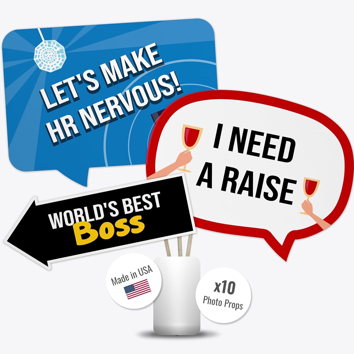 Office Party Photo Booth Kit - Corporate Party Decorations - Selfie Props with Sticks - 10pcs