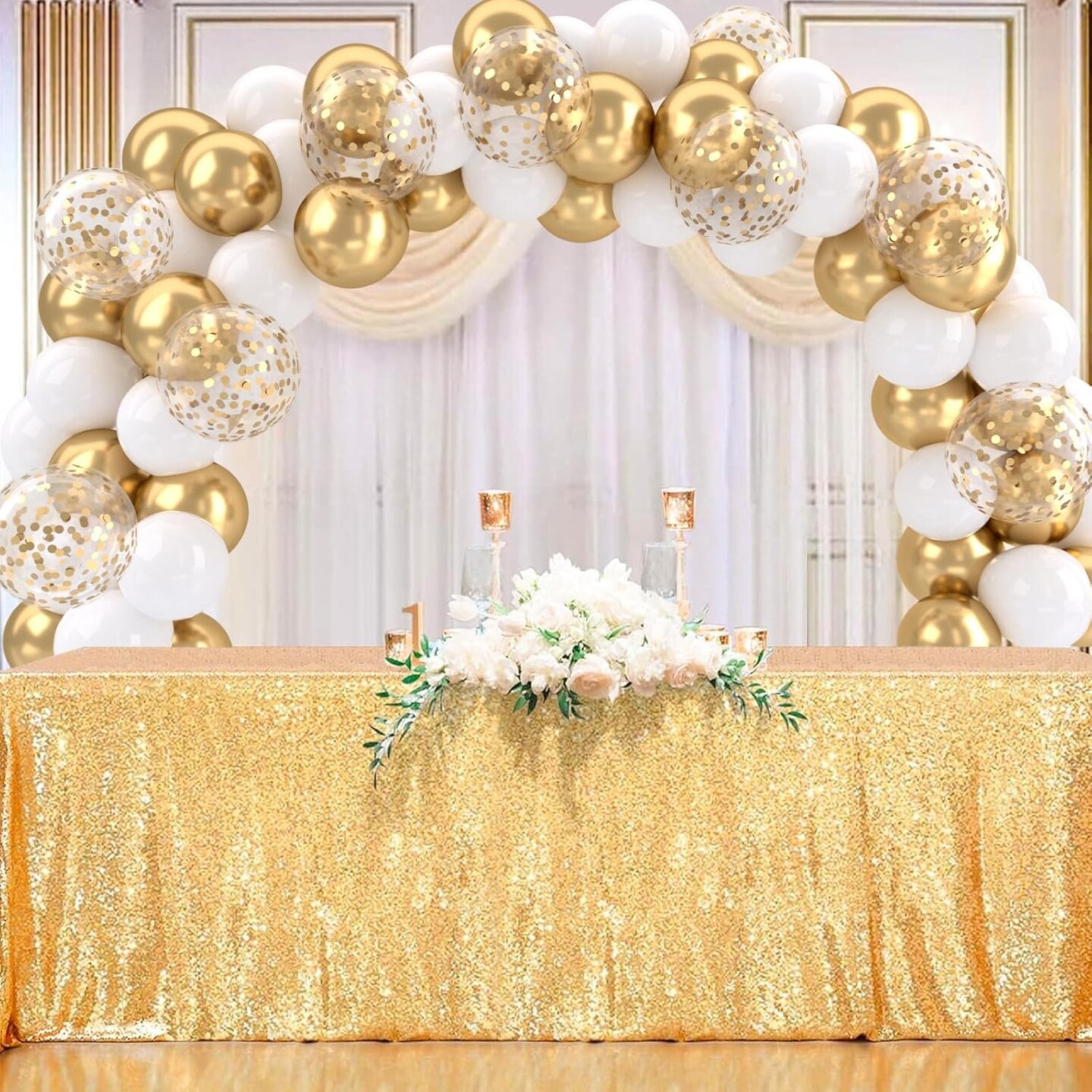 White and Gold Balloons Set, 50 pcs 12 inch Metallic Gold White Gold Confetti Latex Balloons