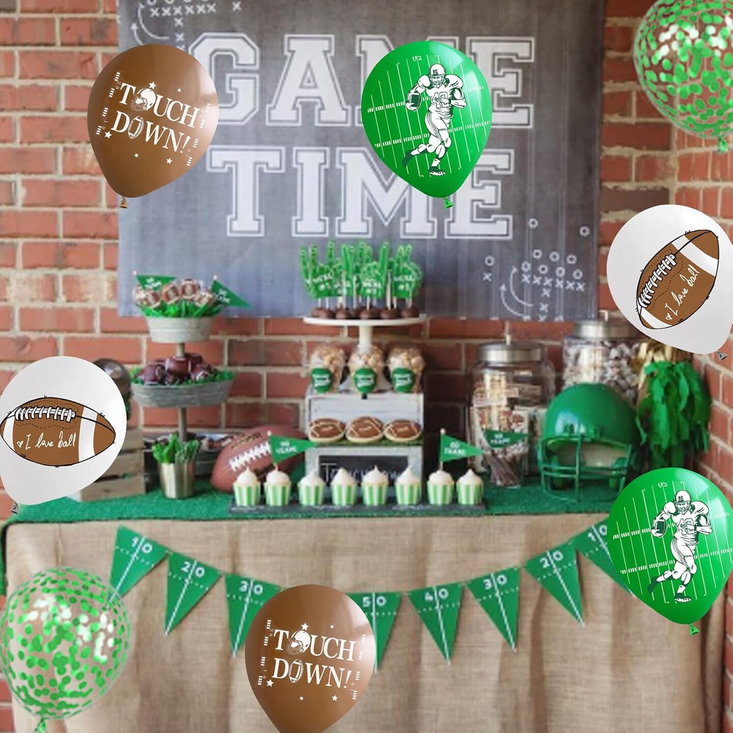 Football Balloons,60Pcs 12 Inch Green Brown White Green Confetti Football Party Balloons for Kids Boy Football Birthday Sport Party Decorations Sports Baby Shower Graduation Party Supplies