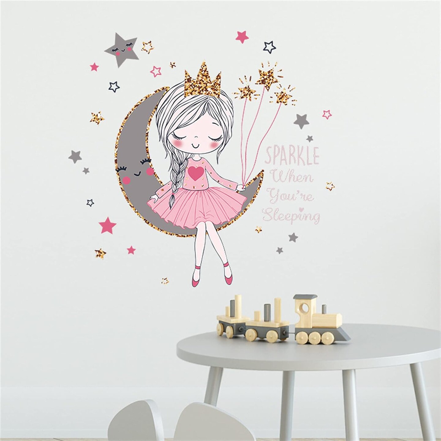 Colorful Cute Lovely Wall Stickers for Kids Peel and Stick Removable Wall Decals DIY Decorations Decor for Nursery Baby Girls Bedroom Playroom Living Room (Girl Sitting On The Moon)