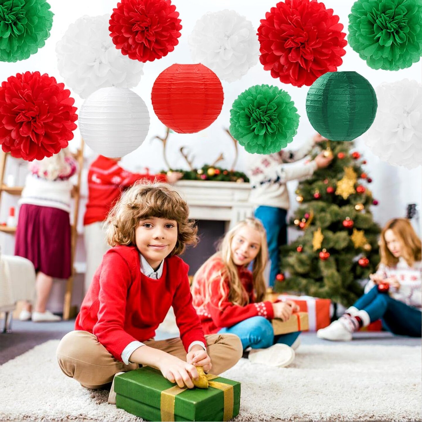 Red-Green White Party-Decorations Christmas Flowers Lanterns - 15PCS Italian Mexican Independence Day Paper Tissue Pom Poms Streamers,Mexico Italy Birthday Baby Shower Wedding Hanging Decor