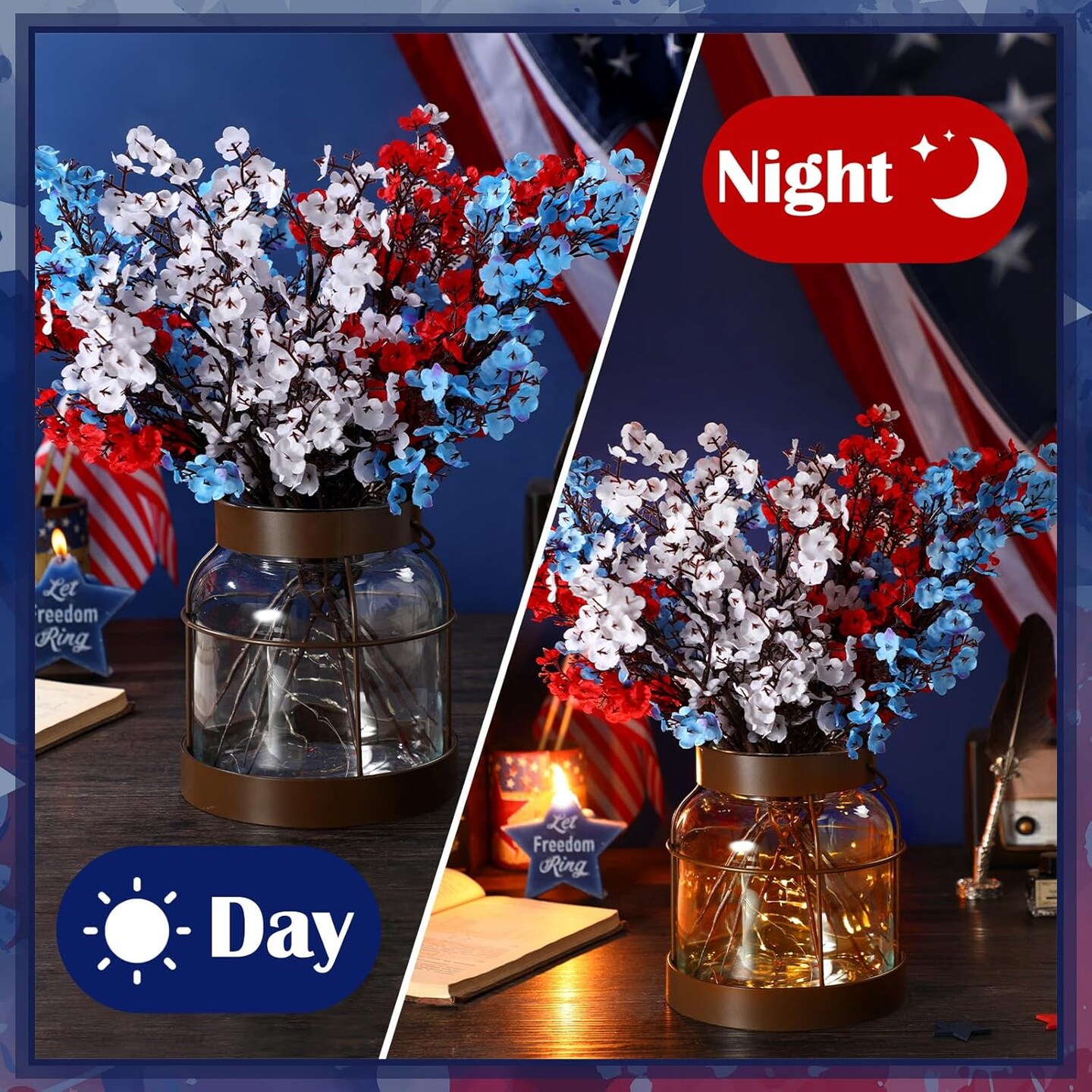 1 Set 4th of July Artificial Flowers with Glass Vase Patriotic Red Blue White Baby Breath Decoration Rustic Clear Lights Vase for Independence Day Floral Arrangement Table Centerpieces Gifts