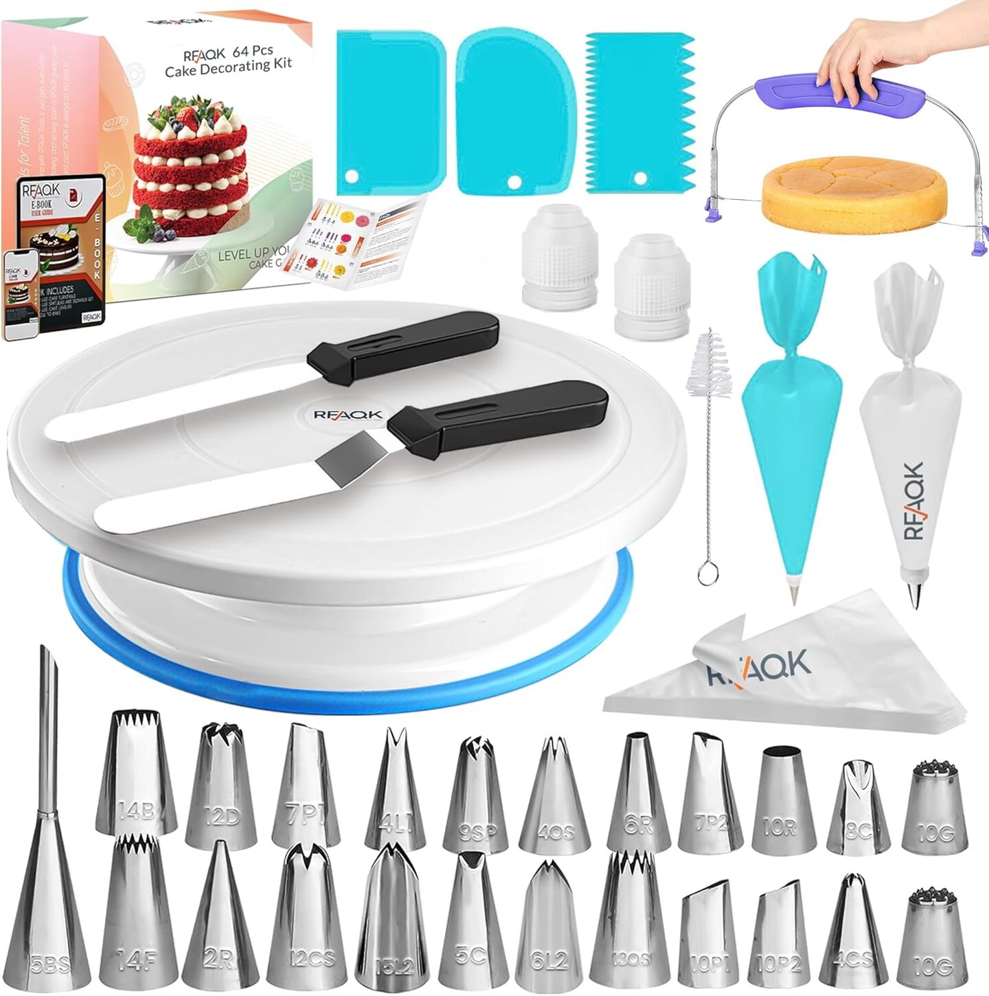 64-Piece Cake Decorating Kit – Turntable, Icing Tips, Piping Bags, Spatulas & Guidebook