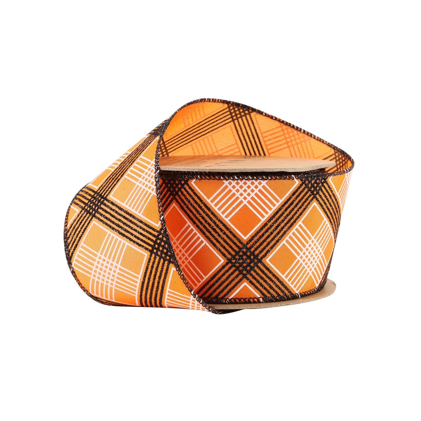 LaRibbons 2 1/2&#x22; Wired Ribbon | Black/White Bias Plaid on Orange | 10 Yard Roll
