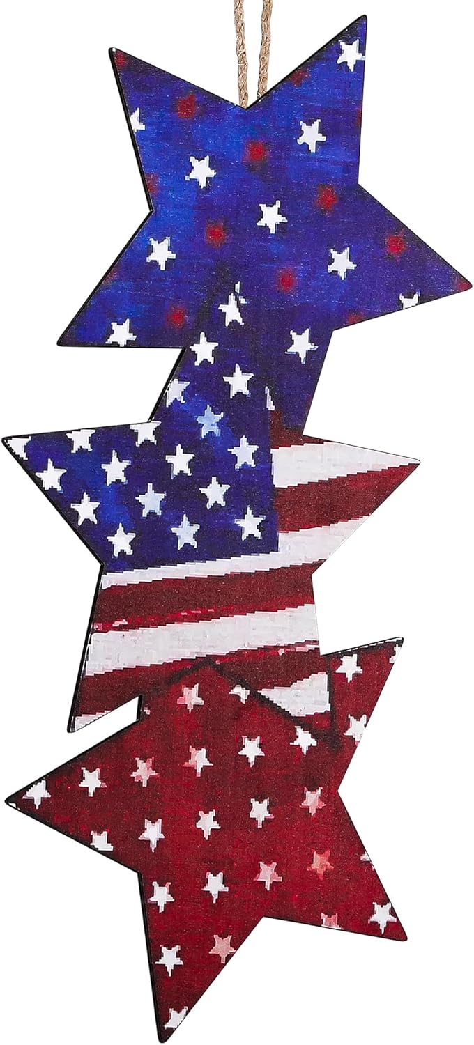 4th of July Wooden Door Sign, Double-Sided Patriotic Stars Decor