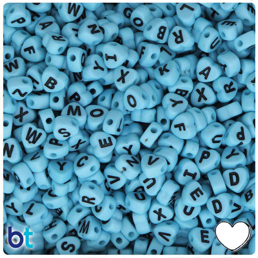 BeadTin Light Blue Opaque 7mm Heart Plastic Alpha Beads - Black Letter Mix (250pcs)