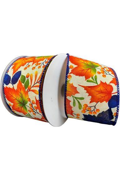 2.5&#x22; Linen Fall Leaves Ribbon: Navy/Ivory (10 Yards)