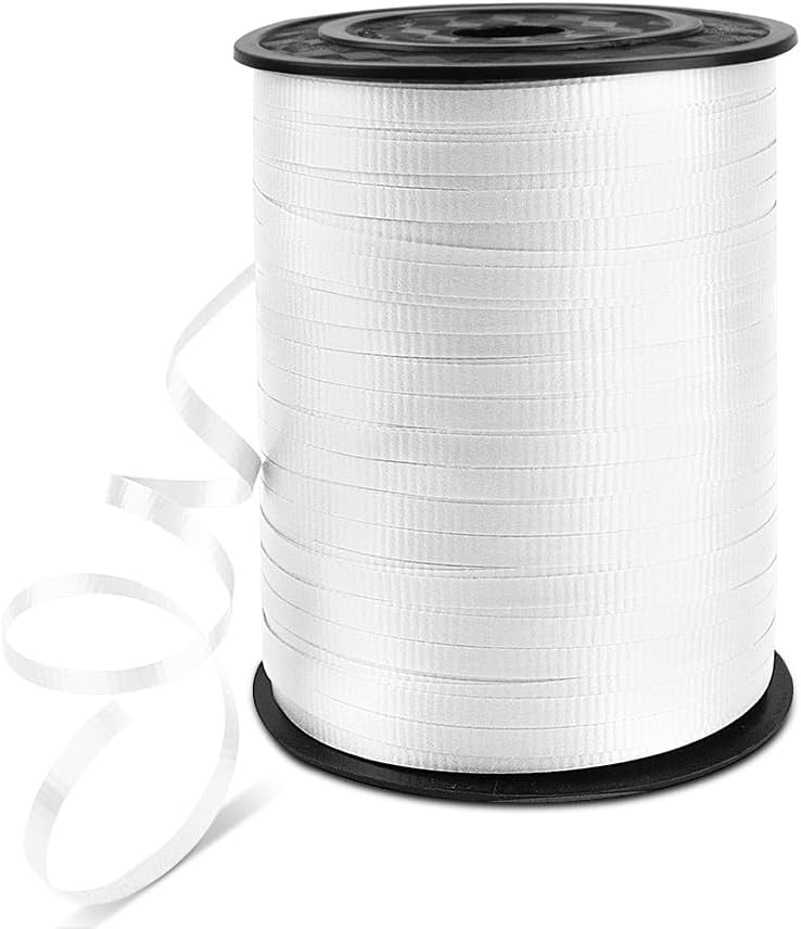 500-yard roll of crimped white curling ribbon (3/16") for gift wrapping, balloon tying, and decorative use, suitable for Christmas, Valentine’s Day, birthdays, weddings, festivals, crafts, and flower bouquets.