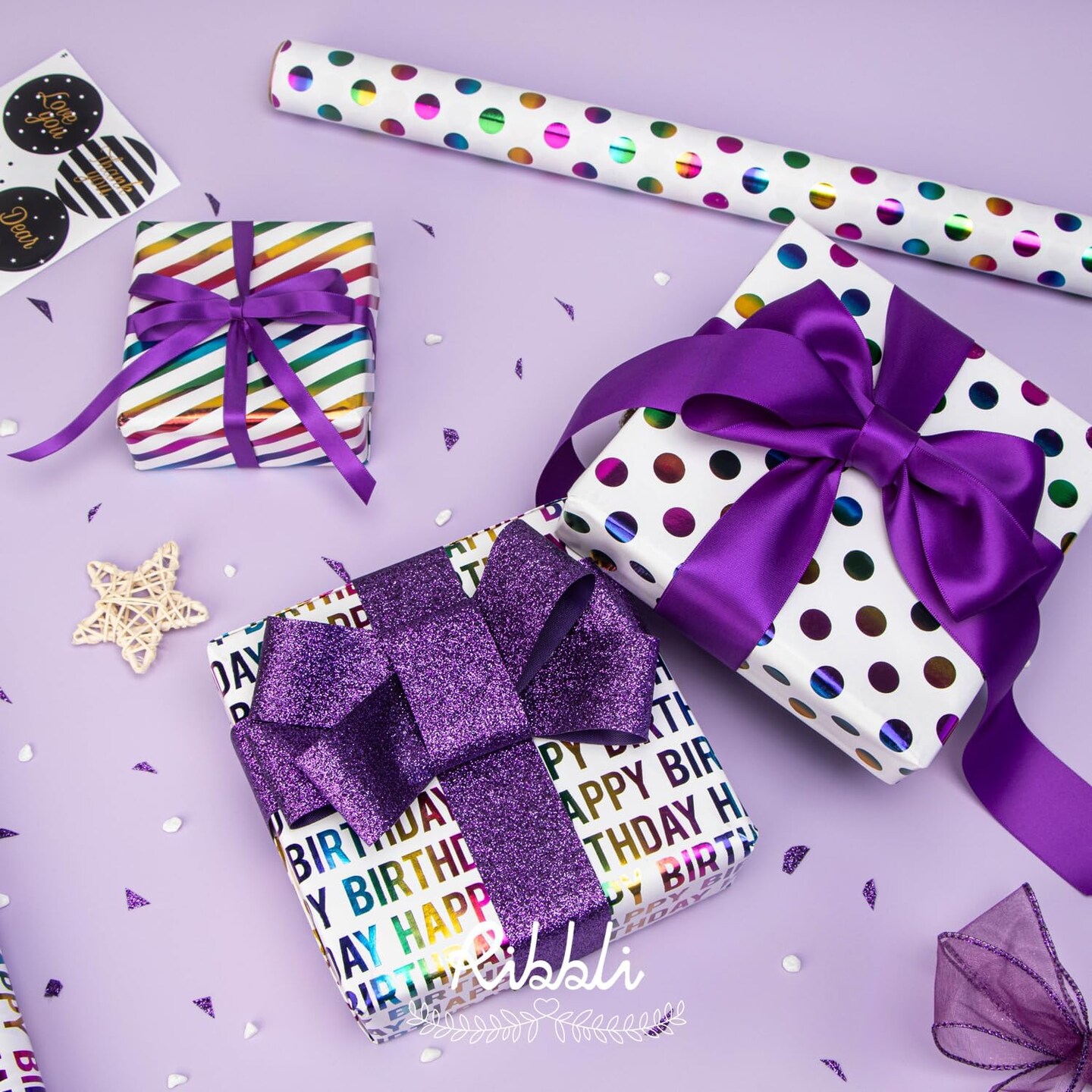 Iridescent Birthday Wrapping Paper Mini Rolls – 3-Pack Happy Birthday Designs with Polka Dots & Stripes, 17” x 10 ft Each (Iridescent)