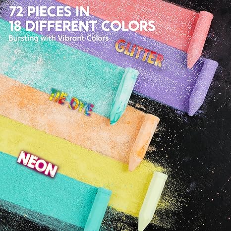 72 PCS Washable Sidewalk Chalks Set in 12 Packs, 18 Colors, Including 12 Tie Dye, 12 Glitter &#x26; 12 Neon Colors, School Supplies, Classroom Must Haves, Gift for Kids