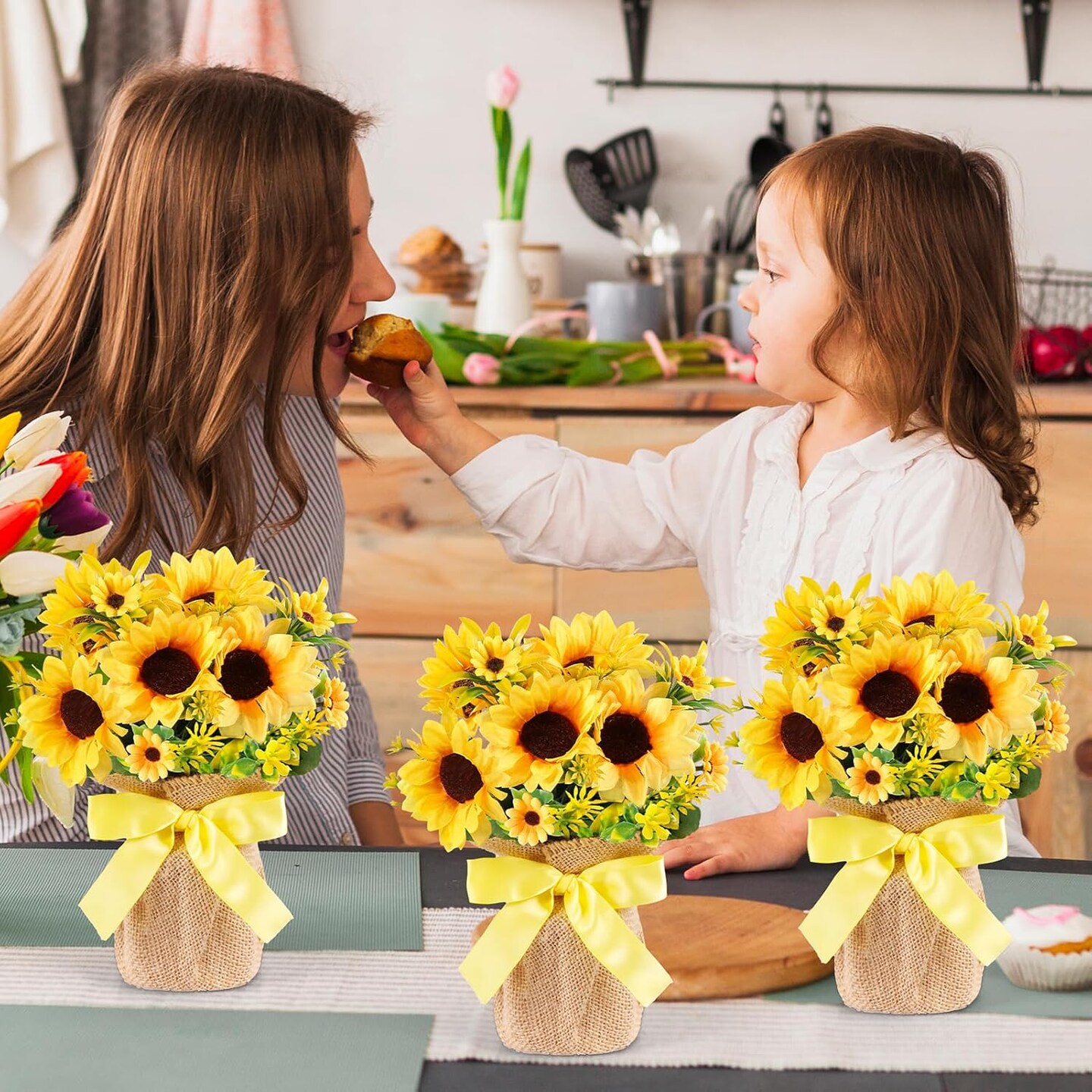 3 Pack Artificial Potted Sunflowers – Faux Sunflower Plants in Burlap Bag Pots, Small Plastic Floral Decor for Spring & Summer Home, Farmhouse, Kitchen, Office Indoor/Outdoor Table Decoration