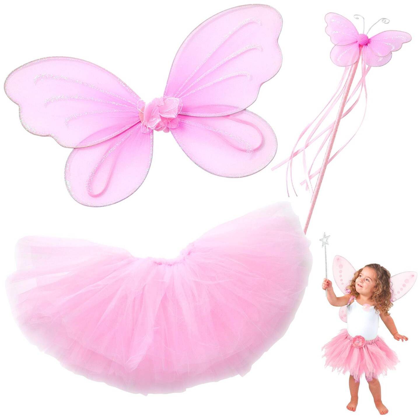 Butterfly Craze Fairy Princess Tutu Costume Set - Includes Glittery Sparkle Wings, Tutu Skirt, &#x26; Wand for Girls&#x27; Dress Up, Pretend Play &#x26; Ballet Dance Recitals, For Toddlers and Kids, Pink, Medium