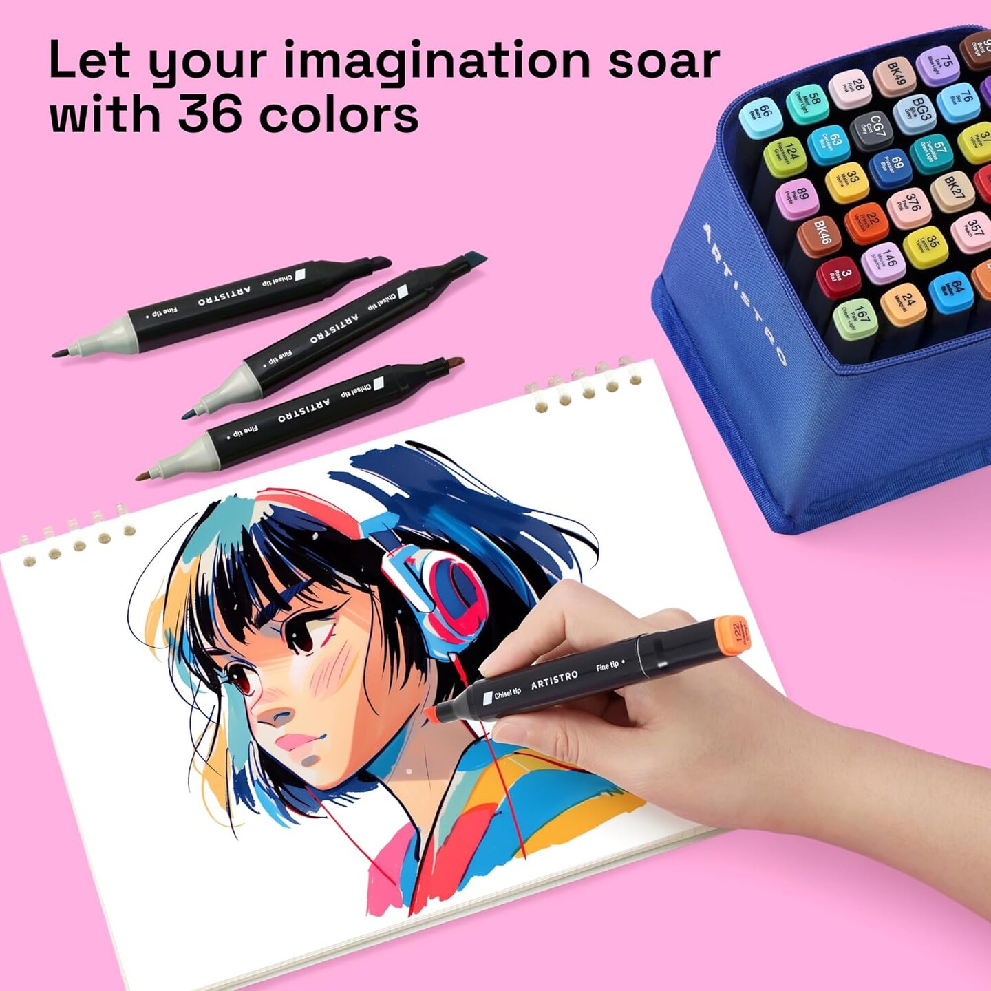 36-Color Dual-Tip Alcohol Marker Set – No-Bleed Ink with Case, Fine & Chisel Tips for Sketching & Coloring