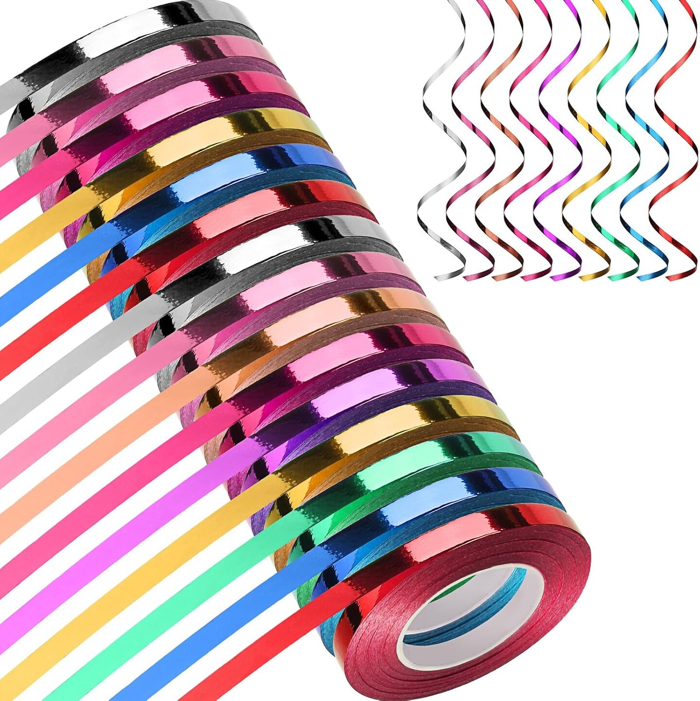 15 Rolls Curling Ribbon, 1/5" x 11yd Each (165yd Total) – Shiny Metallic Assorted Colors for Crafts & Party Decor