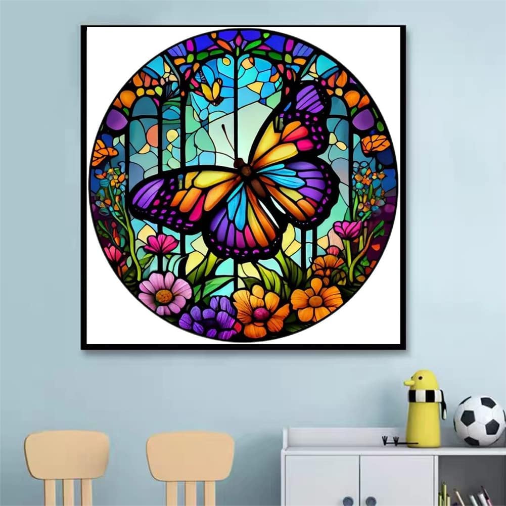 5D DIY Diamond Painting Kits for Adults Kids, Butterfly Stained Glass Full Drill Embroidery Cross Stitch Crystal Rhinestone Paintings Pictures Arts Wall Decor Painting Dots Kits 11.8X11.8 in